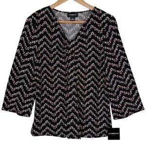 Liz Claiborne Career Stretchy Chevron Floral Print Top Medium Black Size Medium